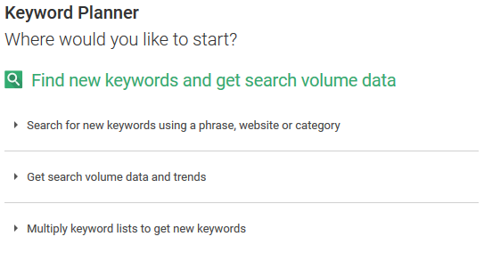 google adwords keyword planner starting screen