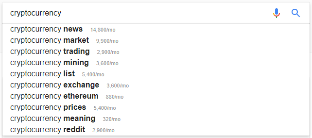 google autocomplete search results for cryptocurrency with keywords everywhere extension activated and showing search volumes