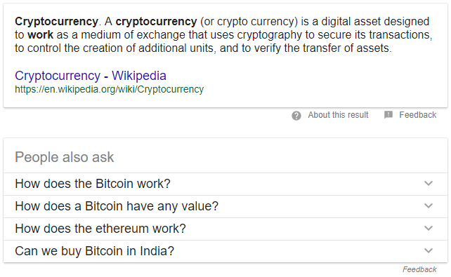 google featured snippet and people also ask result for the search query how cryptocurrency works